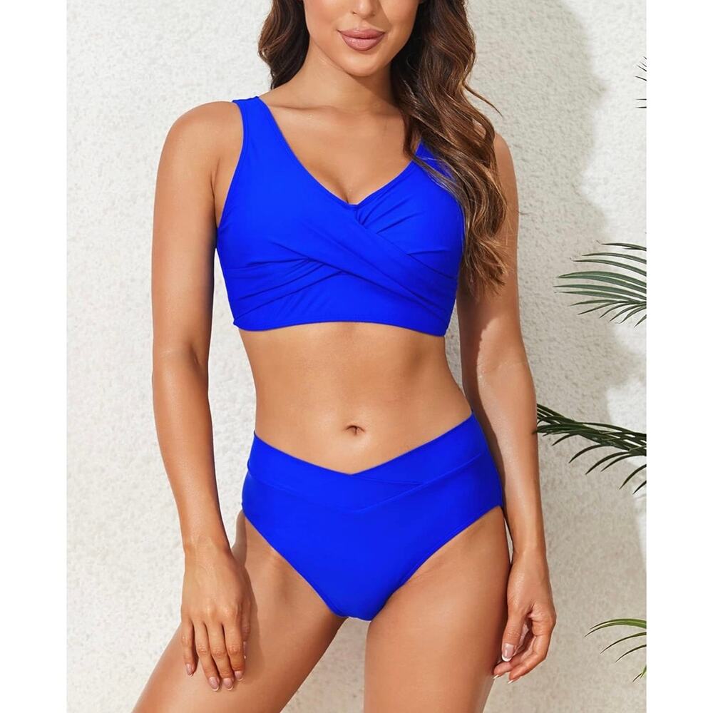 New! Limeeke High Waisted Twist Front 2 Piece Lace Up Tie Bathing Suits, Sz M